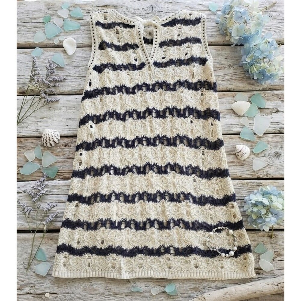 Crochet Open Knit Mini Dress Womens Size XL White Navy Striped Keyhole Coverup